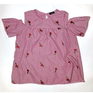 Pre-Owned Option Plaid Peek-A-Boo Cold Shoulder Blouse Flowers